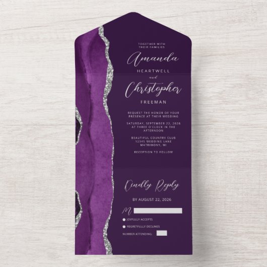 Invitation Tout En Un Mariage Agate Purple Silver Plum (À l'intérieur)