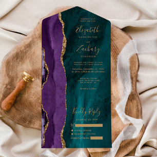 Invitation Tout En Un Mariage Agate Turquoise Purple Gold moderne