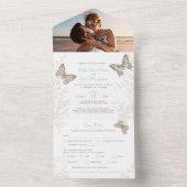 Invitation Tout En Un Mariage aqua marron papillons photo repas RSVP (À l'intérieur)