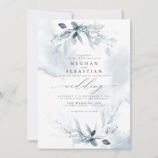 Invitation TOUT en un Mariage Aquarelle bleu foncé (Devant)