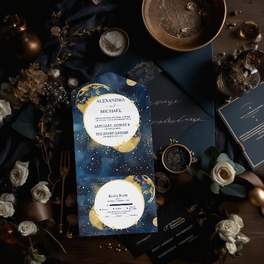 Invitation Tout En Un Mariage aquarelle bleu mystique de minuit et or
