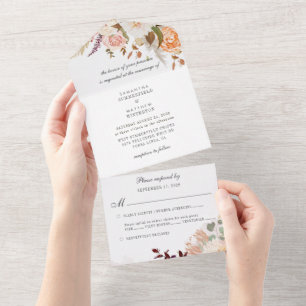 Invitation Tout En Un Mariage aquarelle bordeaux pastel floral