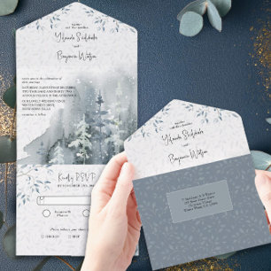 Invitation Tout En Un Mariage Aquarelle Forêt de Neige Hivernale avec RS