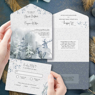 Invitation Tout En Un Mariage aquarelle forêt enneigée et cerf en hiver
