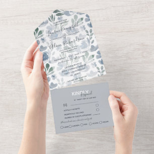 Invitation Tout En Un Mariage aquarelle motif floral bleu bohème