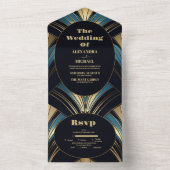 Invitation Tout En Un Mariage Art déco bleu et or glamour (À l'intérieur)