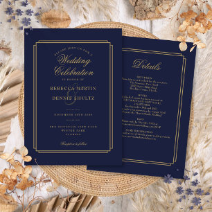 Invitation Tout en Un Mariage Art Déco Bleu Nuit et Or