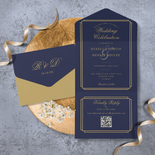 Invitation Tout En Un Mariage Art Déco Code QR Bleu Nuit et Or