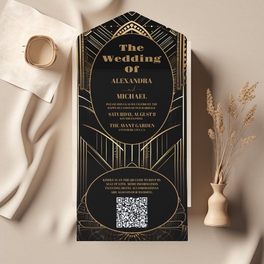 Invitation Tout En Un Mariage art déco géométrique de code QR