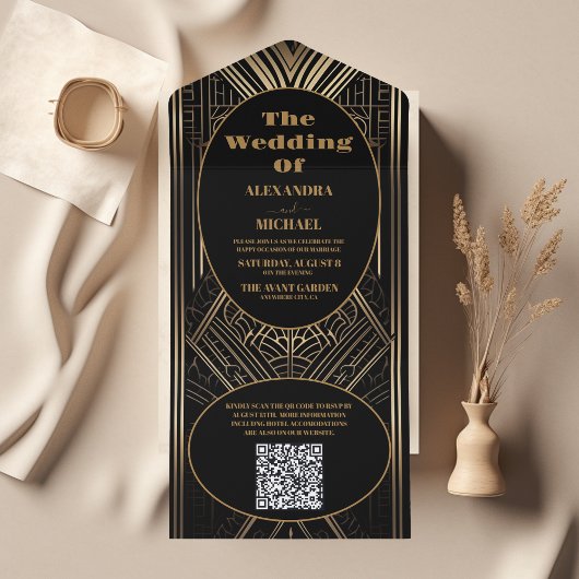 Invitation Tout En Un Mariage art déco géométrique de code QR