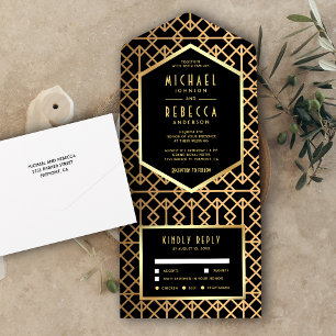 Invitation Tout En Un Mariage Art Déco Géométrique Vintage Noir et Or