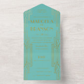 Invitation Tout En Un Mariage Art déco Mint et or (À l'intérieur)