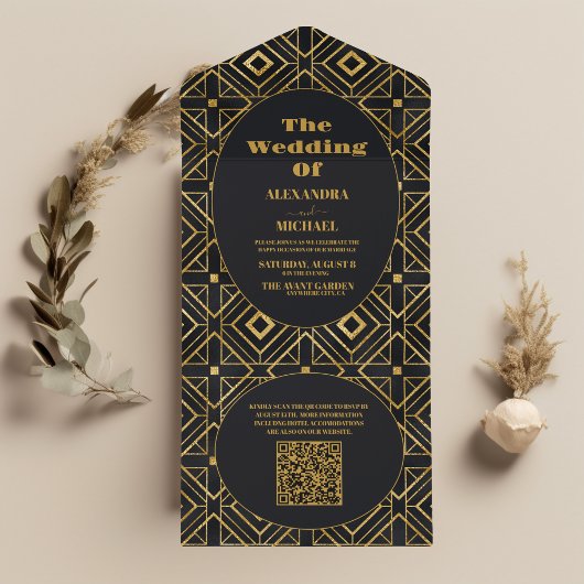 Invitation Tout En Un Mariage Art déco noir et or élégant QR Code