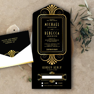 Invitation Tout En Un Mariage Art Déco Noir et Or Tourbillon Vintage