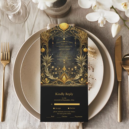 Invitation Tout En Un Mariage Art nouveau Black Gold