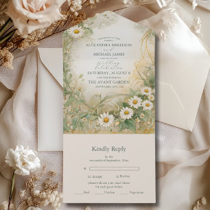 Invitation Tout En Un Mariage Art Nouveau Daisies Ivoire Vert