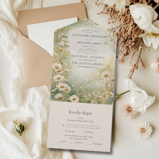 Invitation Tout En Un Mariage Art Nouveau Ivory Vert Fleurs