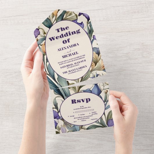 Invitation Tout En Un Mariage Art Nouveau Purple Iris (Déchirure)