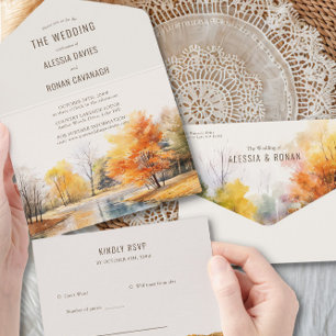 Invitation Tout En Un Mariage au bord du lac à l'aquarelle en automne to