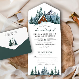 Invitation Tout En Un Mariage au chalet de montagne enneigé en forêt