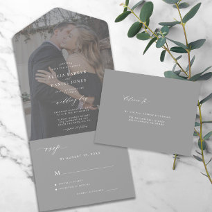 Invitation Tout En Un Mariage au fusain gris photo moderne RSVP