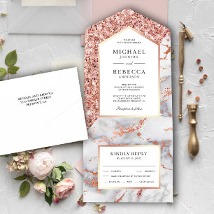 Invitation Tout En Un Mariage au Marbre Pailleté Or Rose et Blanc