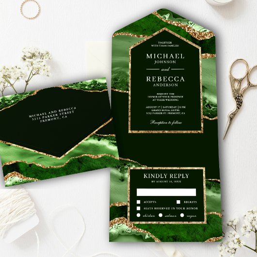 Invitation Tout En Un Mariage au marbre vert émeraude et agate dorée