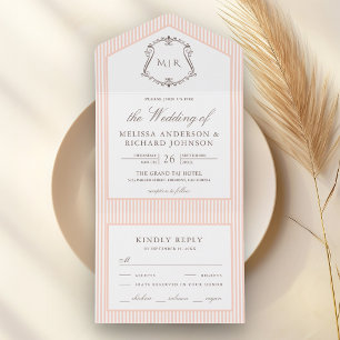 Invitation Tout En Un Mariage au monogramme de la crête rayée pêche past