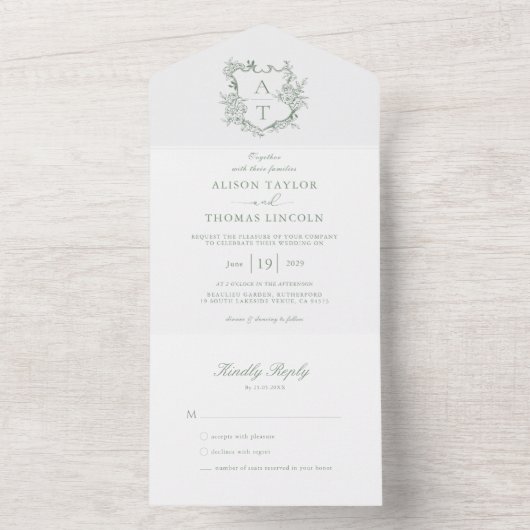 Invitation Tout En Un Mariage au monogramme vert sauge Crête formelle (À l'intérieur)