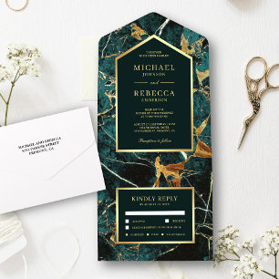 Invitation Tout En Un Mariage au papier marbré sarcelle et feuille d'or