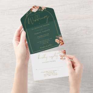 Invitation Tout En Un Mariage automnal floral rustique Émeraude et Or