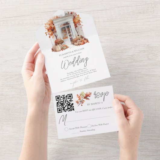 Invitation Tout En Un Mariage Automne Porte Avant Rsvp QR Code (Déchirure)