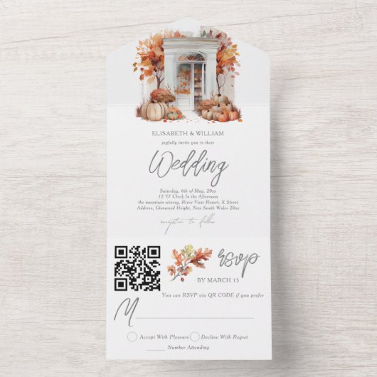 Invitation Tout En Un Mariage Automne Porte Avant Rsvp QR Code (À l'intérieur)