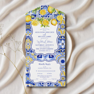 Invitation Tout En Un Mariage aux citrons et carreaux bleus