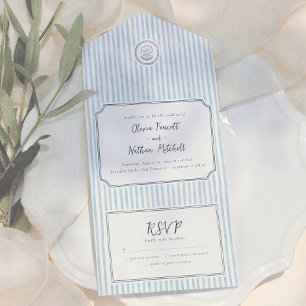 Invitation Tout En Un Mariage aux rayures bleues rétro fantaisiste