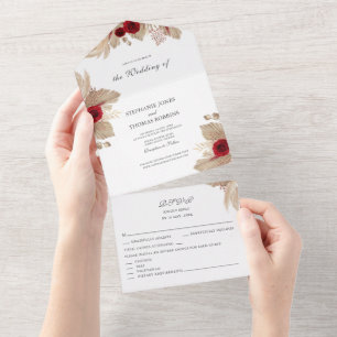 Invitation Tout En Un Mariage aux Roses de Bourgogne et Herbe de la Pamp