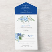 Invitation Tout En Un Mariage aux Roses et Dahlias Bleus et Blancs (À l'intérieur)