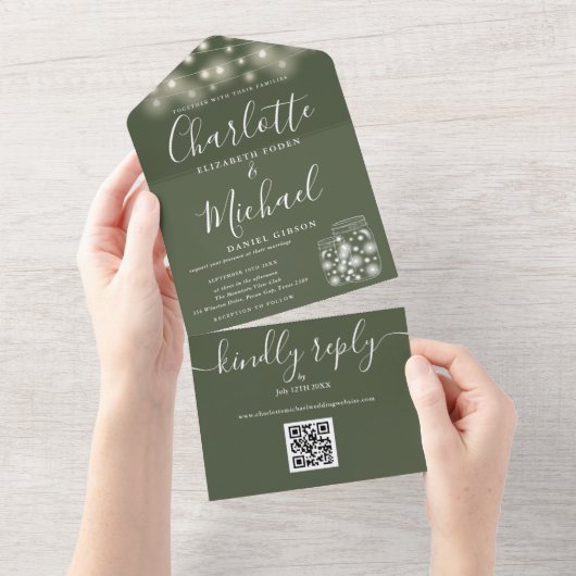 Invitation Tout En Un Mariage avec code QR sur pot Mason avec guirlande (Déchirure)