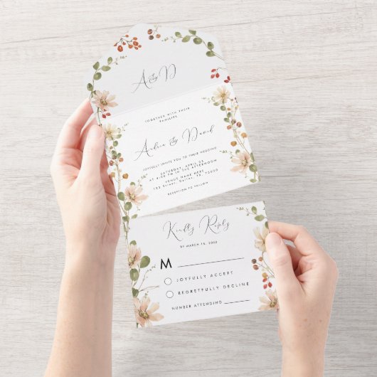 Invitation Tout En Un Mariage Berry Fleur sauvage d'aquarelle de printem (Déchirure)