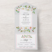 Invitation Tout En Un Mariage blanc, blanc, rose floral gris clair (À l'intérieur)