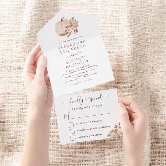 Invitation Tout En Un Mariage Blanc Citrouilles Boho Terracotta