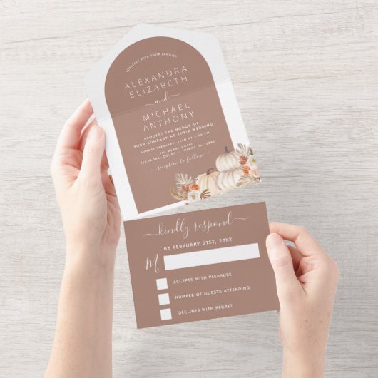 Invitation Tout En Un Mariage Blanc Citrouilles Boho Terracotta tout en  (Déchirure)