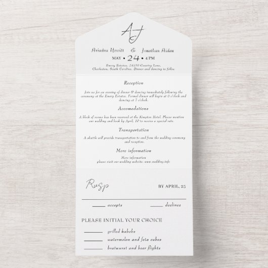 Invitation Tout En Un Mariage blanc et noir minimal (À l'intérieur)