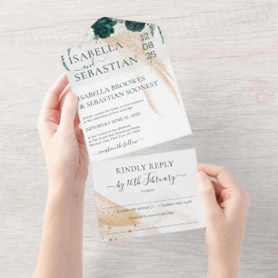 Invitation Tout En Un Mariage Blanc Réponse aimable Rose Émeraude Verte