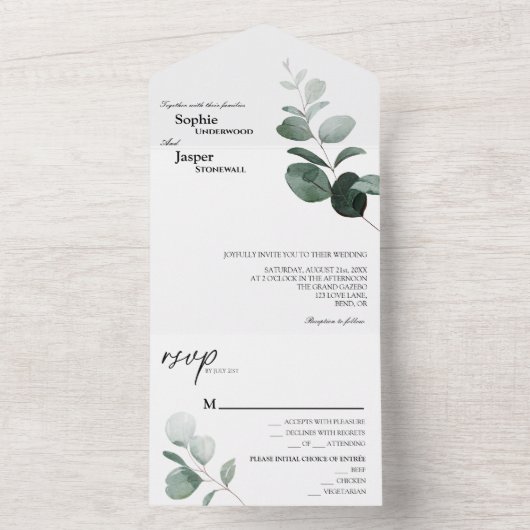 Invitation Tout En Un Mariage blanc vert moderne (À l'intérieur)