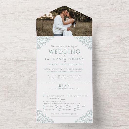 Invitation Tout En Un Mariage blanc vert muet feuilles personnalisés (À l'intérieur)