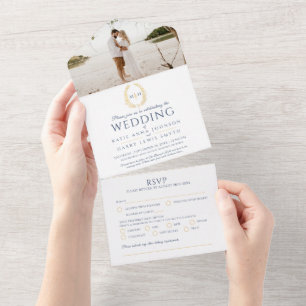 Invitation Tout En Un Mariage bleu blanc or ovale feuilles monogramme ph