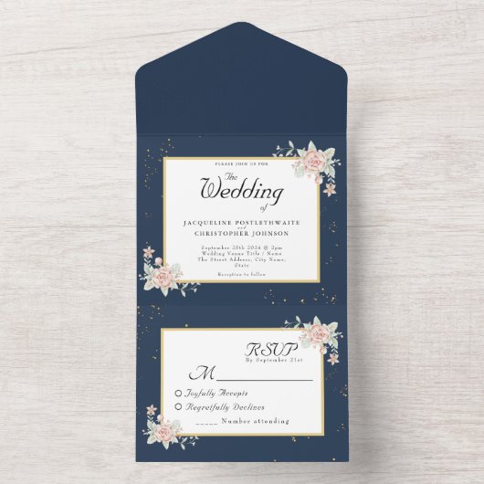 Invitation Tout En Un Mariage bleu bleu bleu bleu rose (À l'intérieur)
