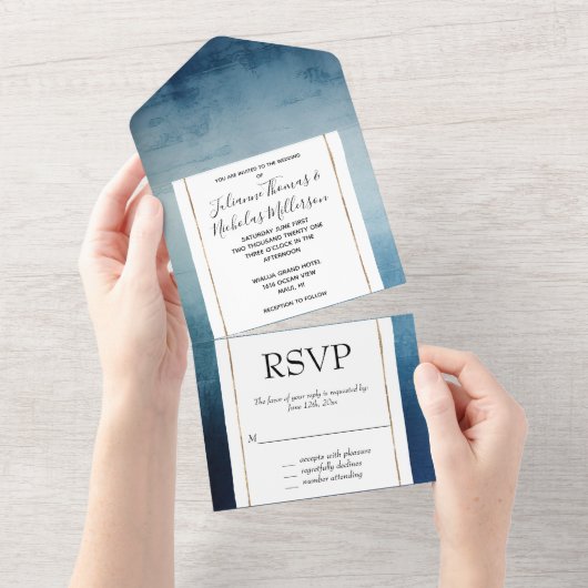 Invitation Tout En Un Mariage bleu chic (Déchirure)