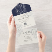 Invitation Tout En Un Mariage bleu de la marine Monogram moderne (Déchirure)